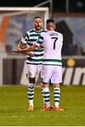 8 September 2022; Lee Grace of Shamrock Rovers with teammate Dylan Watts during the UEFA Europa Conference League Group F match between Shamrock Rovers and Djurgården at Tallaght Stadium in Dublin. Photo by Eóin Noonan/Sportsfile