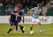 8 September 2022; Daniel Cleary of Shamrock Rovers in action against Victor Edvardsen of Djurgården during the UEFA Europa Conference League group F match between Shamrock Rovers and Djurgården at Tallaght Stadium in Dublin. Photo by Seb Daly/Sportsfile