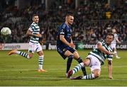 8 September 2022; Daniel Cleary of Shamrock Rovers in action against Piotr Johansson of Djurgården during the UEFA Europa Conference League group F match between Shamrock Rovers and Djurgården at Tallaght Stadium in Dublin. Photo by Seb Daly/Sportsfile