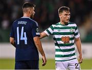 8 September 2022; Justin Ferizaj of Shamrock Rovers and Besard Sabovic of Djurgården during the UEFA Europa Conference League group F match between Shamrock Rovers and Djurgården at Tallaght Stadium in Dublin. Photo by Seb Daly/Sportsfile