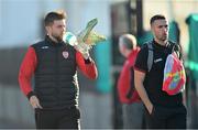 9 September 2022; Will Patching, left, and Michael Duffy of Derry City arrive before the SSE Airtricity League Premier Division match between Derry City and Bohemians at The Ryan McBride Brandywell Stadium in Derry. Photo by Ramsey Cardy/Sportsfile