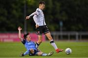 9 September 2022; Steven Bradley of Dundalk in action against Danny Norris of UCD during the SSE Airtricity League Premier Division match between UCD and Dundalk at UCD Bowl in Dublin. Photo by Seb Daly/Sportsfile