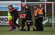 9 September 2022; Ciarán Coll of Derry City leaves the pitch on a stretcher during the SSE Airtricity League Premier Division match between Derry City and Bohemians at The Ryan McBride Brandywell Stadium in Derry. Photo by Ramsey Cardy/Sportsfile