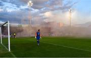 9 September 2022; St Patrick's Athletic goalkeeper Danny Rogers awaits the start of the game, which was delayed due to flare smoke over the pitch, at the SSE Airtricity League Premier Division match between Drogheda United and St Patrick's Athletic at Head in the Game Park in Drogheda, Louth. Photo by Piaras Ó Mídheach/Sportsfile