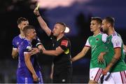 9 September 2022; Niall O'Keeffe of Waterford is shown a yellow card by referee Alan Patchell during the SSE Airtricity League First Division match between Waterford and Cork City at RSC in Waterford. Photo by Michael P Ryan/Sportsfile