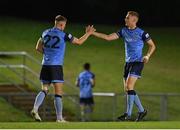 9 September 2022; Jack Keaney, right, and Sam Todd of UCD celebrate their side's first goal, scored by teammate Thomas Lonergan, during the SSE Airtricity League Premier Division match between UCD and Dundalk at UCD Bowl in Dublin. Photo by Seb Daly/Sportsfile