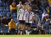 9 September 2022; Steven Bradley of Dundalk, left, celebrates with teammate Keith Ward after scoring their side's second goal during the SSE Airtricity League Premier Division match between UCD and Dundalk at UCD Bowl in Dublin. Photo by Seb Daly/Sportsfile
