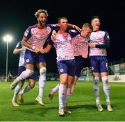 9 September 2022; St Patrick's Athletic players, from left, Barry Cotter, Harry Brockbank, Mark Doyle and Chris Forrester celebrate after Mark Doyle scored their side's first goal during the SSE Airtricity League Premier Division match between Drogheda United and St Patrick's Athletic at Head in the Game Park in Drogheda, Louth. Photo by Piaras Ó Mídheach/Sportsfile