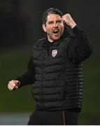 9 September 2022; Derry City manager Ruaidhrí Higgins celebrates after the SSE Airtricity League Premier Division match between Derry City and Bohemians at The Ryan McBride Brandywell Stadium in Derry. Photo by Ramsey Cardy/Sportsfile