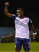 9 September 2022; Serge Atakayi of St Patrick's Athletic celebrates after his side's victory in the SSE Airtricity League Premier Division match between Drogheda United and St Patrick's Athletic at Head in the Game Park in Drogheda, Louth. Photo by Piaras Ó Mídheach/Sportsfile