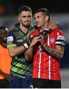 9 September 2022; Derry City goalkeeper Brian Maher, left, and captain Patrick McEleney celebrate after the SSE Airtricity League Premier Division match between Derry City and Bohemians at The Ryan McBride Brandywell Stadium in Derry. Photo by Ramsey Cardy/Sportsfile