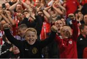 9 September 2022; Derry City supporters celebrate after the SSE Airtricity League Premier Division match between Derry City and Bohemians at The Ryan McBride Brandywell Stadium in Derry. Photo by Ramsey Cardy/Sportsfile