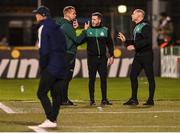 8 September 2022; Shamrock Rovers manager Stephen Bradley, centre, and coach Glenn Cronin, right, in conversation with fourth official Thorvaldur Árnason during the UEFA Europa Conference League group F match between Shamrock Rovers and Djurgården at Tallaght Stadium in Dublin. Photo by Seb Daly/Sportsfile