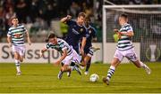 8 September 2022; Justin Ferizaj of Shamrock Rovers is fouled by Hampus Finndell of Djurgården during the UEFA Europa Conference League group F match between Shamrock Rovers and Djurgården at Tallaght Stadium in Dublin. Photo by Seb Daly/Sportsfile