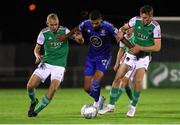 9 September 2022; Wassim Aouachria of Waterford in action against Cork City players, Jonas Häkkinen, left, and Matt Healy during the SSE Airtricity League First Division match between Waterford and Cork City at RSC in Waterford. Photo by Michael P Ryan/Sportsfile