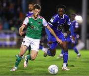 9 September 2022; Cian Bargary of Cork City in action against Roland Idowu of Waterford during the SSE Airtricity League First Division match between Waterford and Cork City at RSC in Waterford. Photo by Michael P Ryan/Sportsfile