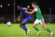 9 September 2022; Tunmise Sobowale of Waterford in action against Cian Bargary of Cork City during the SSE Airtricity League First Division match between Waterford and Cork City at RSC in Waterford. Photo by Michael P Ryan/Sportsfile