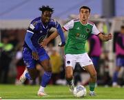 9 September 2022; Roland Idowu of Waterford in action against Barry Coffey of Cork City during the SSE Airtricity League First Division match between Waterford and Cork City at RSC in Waterford. Photo by Michael P Ryan/Sportsfile