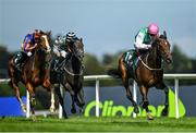 10 September 2022; Zarinsk, right, with Colin Keane up, on their way to winning the Ballylinch Stud Irish EBF Ingabelle Stakes on day one of the Longines Irish Champions Weekend at Leopardstown Racecourse in Dublin. Photo by Seb Daly/Sportsfile