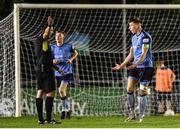 9 September 2022; Sam Todd of UCD remonstrates with referee Adriano Reale during the SSE Airtricity League Premier Division match between UCD and Dundalk at UCD Bowl in Dublin. Photo by Seb Daly/Sportsfile