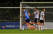 9 September 2022; Dylan Duffy of UCD celebrates after scoring his side's second goal during the SSE Airtricity League Premier Division match between UCD and Dundalk at UCD Bowl in Dublin. Photo by Seb Daly/Sportsfile