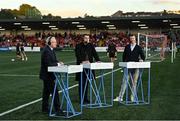 9 September 2022; RTE panel, from left, presenter Tony O'Donoghue, and analysts Declan Devine and Alan Cawley during the SSE Airtricity League Premier Division match between Derry City and Bohemians at The Ryan McBride Brandywell Stadium in Derry. Photo by Ramsey Cardy/Sportsfile