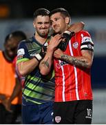 9 September 2022; Derry City goalkeeper Brian Maher, left, and captain Patrick McEleney celebrate after the SSE Airtricity League Premier Division match between Derry City and Bohemians at The Ryan McBride Brandywell Stadium in Derry. Photo by Ramsey Cardy/Sportsfile