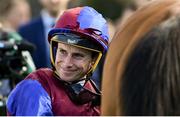 10 September 2022; Jockey Ryan Moore after winning the Royal Bahrain Irish Champion Stakes on Luxembourg on day one of the Longines Irish Champions Weekend at Leopardstown Racecourse in Dublin. Photo by Seb Daly/Sportsfile
