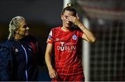 10 September 2022; Shauna Fox of Shelbourne leaves the field to receive treatment for a head injury during the SSE Airtricity League Women's National League match between Shelbourne and Peamount United at Tolka Park in Dublin. Photo by Sam Barnes/Sportsfile