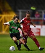 10 September 2022; Sadhbh Doyle of Peamount United in action against Pearl Slattery of Shelbourne during the SSE Airtricity League Women's National League match between Shelbourne and Peamount United at Tolka Park in Dublin. Photo by Sam Barnes/Sportsfile