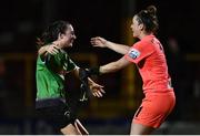 10 September 2022; Peamount United players Sadhbh Doyle, left, and Niamh Reid-Burke celebrate after their side's victory in the SSE Airtricity League Women's National League match between Shelbourne and Peamount United at Tolka Park in Dublin. Photo by Sam Barnes/Sportsfile