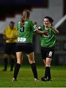 10 September 2022; Sadhbh Doyle of Peamount United, right, celebrates with team-mate Chloe Moloney after their side's victory in the SSE Airtricity League Women's National League match between Shelbourne and Peamount United at Tolka Park in Dublin. Photo by Sam Barnes/Sportsfile
