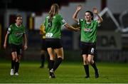 10 September 2022; Sadhbh Doyle of Peamount United, right, celebrates with team-mate Chloe Moloney after their side's victory in the SSE Airtricity League Women's National League match between Shelbourne and Peamount United at Tolka Park in Dublin. Photo by Sam Barnes/Sportsfile