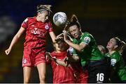 10 September 2022; Abbie Larkin of Shelbourne and Karen Duggan of Peamount United contest a high ball during the SSE Airtricity League Women's National League match between Shelbourne and Peamount United at Tolka Park in Dublin. Photo by Sam Barnes/Sportsfile