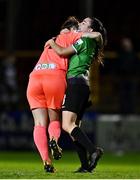 10 September 2022; Peamount United players Sadhbh Doyle, right, and Niamh Reid-Burke celebrate after their side's victory in the SSE Airtricity League Women's National League match between Shelbourne and Peamount United at Tolka Park in Dublin. Photo by Sam Barnes/Sportsfile
