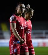 10 September 2022; Shelbourne players Jemma Quinn, left, and Emma Starr leaves the field dejected after their side's defeat in the SSE Airtricity League Women's National League match between Shelbourne and Peamount United at Tolka Park in Dublin. Photo by Sam Barnes/Sportsfile