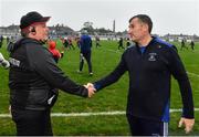 11 September 2022; The two managers, Ballygunner manager Darragh O'Sullivan, left, and Mount Sion manager John Meaney, shake hands after the Waterford County Senior Hurling Championship Final match between Mount Sion and Ballygunner at Walsh Park in Waterford. Photo by Sam Barnes/Sportsfile