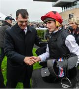 11 September 2022; Trainer Aidan O'Brien and jockey Ryan Moore after winning the Comer Group International Irish St Leger with Kyprios on day two of the Longines Irish Champions Weekend at The Curragh Racecourse in Kildare. Photo by Seb Daly/Sportsfile