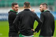 11 September 2022; Shamrock Rovers manager Stephen Bradley in conversation with Sean Kavanagh, centre, and Jack Byrne before the SSE Airtricity League Premier Division match between Shamrock Rovers and Finn Harps at Tallaght Stadium in Dublin. Photo by Ramsey Cardy/Sportsfile
