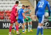 11 September 2022; Neil Farrugia of Shamrock Rovers celebrates with Gary O'Neill, left, after scoring their side's first goal during the SSE Airtricity League Premier Division match between Shamrock Rovers and Finn Harps at Tallaght Stadium in Dublin. Photo by Ramsey Cardy/Sportsfile