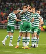 11 September 2022; Neil Farrugia of Shamrock Rovers celebrates with teammate Lee Grace after scoring their side's first goal during the SSE Airtricity League Premier Division match between Shamrock Rovers and Finn Harps at Tallaght Stadium in Dublin. Photo by Tyler Miller/Sportsfile