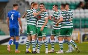 11 September 2022; Rory Gaffney of Shamrock Rovers celebrates with teammates after scoring his side's second goal, from a penalty, during the SSE Airtricity League Premier Division match between Shamrock Rovers and Finn Harps at Tallaght Stadium in Dublin. Photo by Ramsey Cardy/Sportsfile
