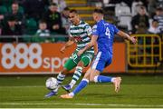 11 September 2022; Graham Burke of Shamrock Rovers in action against Rob Slevin of Finn Harps during the SSE Airtricity League Premier Division match between Shamrock Rovers and Finn Harps at Tallaght Stadium in Dublin. Photo by Tyler Miller/Sportsfile