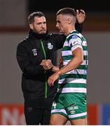 11 September 2022; Shamrock Rovers manager Stephen Bradley and Simon Power of Shamrock Rovers after the SSE Airtricity League Premier Division match between Shamrock Rovers and Finn Harps at Tallaght Stadium in Dublin. Photo by Ramsey Cardy/Sportsfile