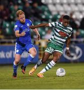 11 September 2022; Aidomo Emakhu of Shamrock Rovers in action against Ryan Connolly of Finn Harps during the SSE Airtricity League Premier Division match between Shamrock Rovers and Finn Harps at Tallaght Stadium in Dublin. Photo by Tyler Miller/Sportsfile