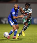 11 September 2022; Gideon Tetteh of Shamrock Rovers is tackled by Ethan Boyle of Finn Harps during the SSE Airtricity League Premier Division match between Shamrock Rovers and Finn Harps at Tallaght Stadium in Dublin. Photo by Tyler Miller/Sportsfile