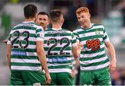 11 September 2022; Andy Lyons of Shamrock Rovers, centre, celebrates with teammate Rory Gaffney, right, after scoring his side's second goal during the SSE Airtricity League Premier Division match between Shamrock Rovers and Finn Harps at Tallaght Stadium in Dublin. Photo by Tyler Miller/Sportsfile