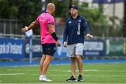 12 September 2022; Backs coach Andrew Goodman speaks to Rhys Ruddock during a Leinster Rugby squad training session at Energia Park in Dublin. Photo by Brendan Moran/Sportsfile