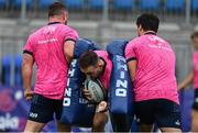 12 September 2022; Jack Conan, breaks through the tacklebags held by Ed Byrne and Thomas Clarkson during a Leinster Rugby squad training session at Energia Park in Dublin. Photo by Brendan Moran/Sportsfile