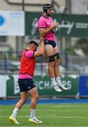 12 September 2022; Dan Sheehan lifts teammate Caelan Doris during a Leinster Rugby squad training session at Energia Park in Dublin. Photo by Brendan Moran/Sportsfile